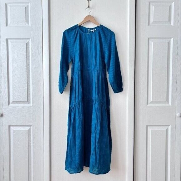 Anthropologie Sundry Blue Gingham Tiered Midi Dress - Picture 4 of 10